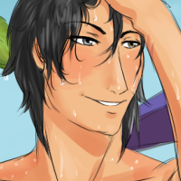 A black haired character pushing his wet hair back