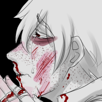 A white haired character covered in scratches and with a bloody nose and knuckles, he is crying and looking upset