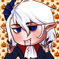 Demonio from Elsword in a vampire costume, he is making peace signs