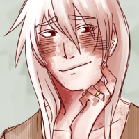 A white haired character looking sheepish and smiling