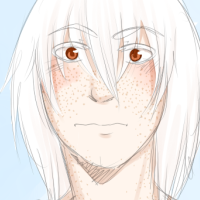 A white haired character looking surprised and blushing