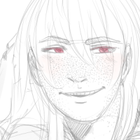 A white haired character sitting hunched over in a relaxed position, grinning