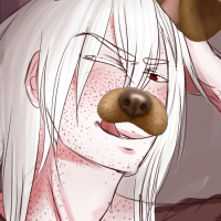 A white haired character taking a selfie with the dog ears filter, he is wearing a pokemon persian cat t-shirt