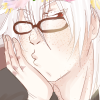 A white haired character making a cute kissy face towards the viewer, wearing glasses
