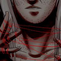 A white haired character holding red strings of fate, tangled between his fingers