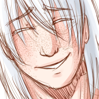 A white haired character happily smiling