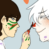 A white haired character and a brown haired young girl, who is painting on his nose while she's also splattered with paint