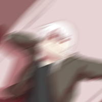 A white haired character taking a photo in the mirror as he tosses his phone and dabs