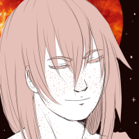 A white haired character with a red moon in the background