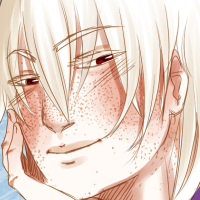 A white haired character looking sheepish and smiling