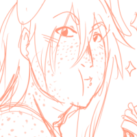 A white haired character sitting, with dog ears and a dog tail that's wagging excitedly as he's eating a sandwich
