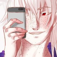 A white haired character holding up a phone to take a selfie, wearing a space hoodie
