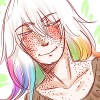 A white haired character lying on grass, the tips of his hair are coloured various rainbow colours