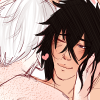 A white haired character kissing the cheek of a black haired character with a messy hair-do