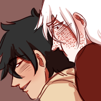 A black haired character being cuddled by a white haired one who is pouting