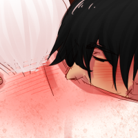 Two characters, one with short white hair who's back is facing the camera. The other with dark hair is kissing his bare shoulder and neck while loosely holding a hand around him