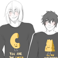 Two characters standing close together, with matching couple t-shirts