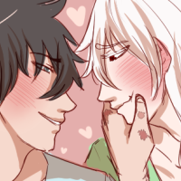 A black haired character squishing the cheeks of a white haired character who is looking at him lovingly