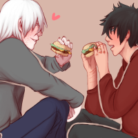 A white haired character and a black haired character sitting and eating hamburgers