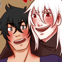 A white haired character taking a selfie and smiling, while the black haired character looks happily surprised