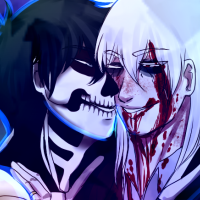 Two characters dressed in as a skeleton and as a vampire, standing intimately close together. The bright background indicates a club setting
