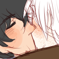 A white haired character and black haired character kissing