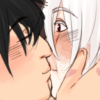 A white haired character and black haired character kissing, the white haired character looks surprised