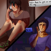 Voltron ship art of Keith and Lance, talking on a phone