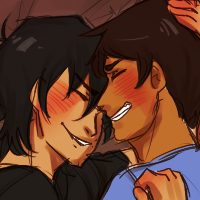 Voltron ship art of Keith and Lance, cuddled in bed and laughing