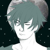 A dark haired character with a moon behind him, and stars decorating the background
