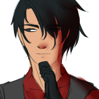 A black haired character with a red and grey suit, and black gloves