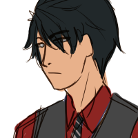 A black haired character with a red and black suit