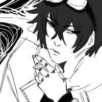 A black and white drawing of a character smoking