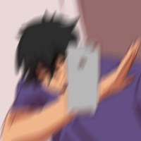 A black haired character taking a photo in the mirror as he tosses his phone and dabs