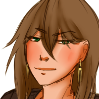 A brown haired character with green eyes and earrings