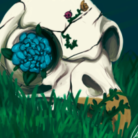 A bird-like skull sitting in grass, a flower is resting in one eye socket