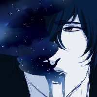 A black haired character with a blue galaxy smoke coming out of his mouth