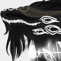 A dark Imperial dragon from Flight Rising wearing a blindfold, various white halos surround his throat, and floating symbolic and stylized eyeballs are around him