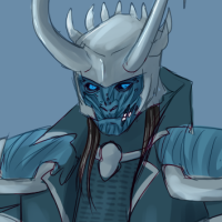 Loki from Mythology, with blue skin. A horned helmet rests on his head, and his shoulders are armoured. A scepter is in his right hand.