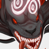 A mirror from Flight Rising with her teeth showing, and a scar running down through one eye. A Plague flight symbol is above her head