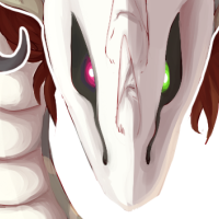 A pearlcatcher from Flight Rising, looking right at the viewer. One eye is red, the other is green, and a mask sits on their face. Candles are hoving around them.