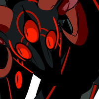 A black dragon with three red eyes and red horns