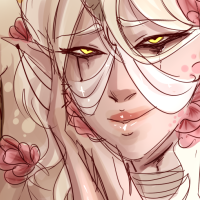 A blonde haired character holding his hands up close to his cheek, and smiling towards the viewer. Pink petals decorate his skin and cheeks, and he has golden horns. Mascara is running down underneath his eyes, but he's not crying, instead smiling at the viewer.