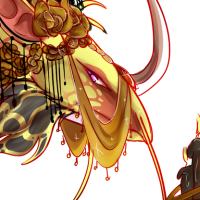 A yellow-orange Pearlcatcher from Flight Rising, wearing a veil on their face and with lace and flower decorations. Candles hover around them