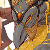 A grey Skydancer from Flight Rising, with golden accents, a face veil, and a golden flower crown