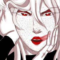 A white haired character with vibrant red lipstick and eye makeup, the lipstick is smeared by one of his fingers as he's photogenically posing