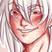 A white haired character that's grinning towards the viewer