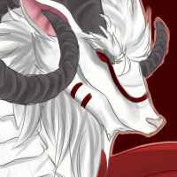 A white Imperial dragon from Flight Rising with grey curled horns, red eyes, and a red scarf