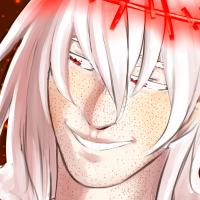 A white haired character grinning; a red halo is around his head and white stars decorate the background. The edges of his hair look like they're melting into liquid