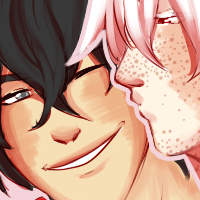 A white haired character giving a kiss to the cheek of a black haired character who is grinning